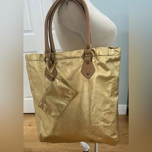 Perfect J Crew Metallic Gold Leather Carryall Tote Travel Handbag Laptop
